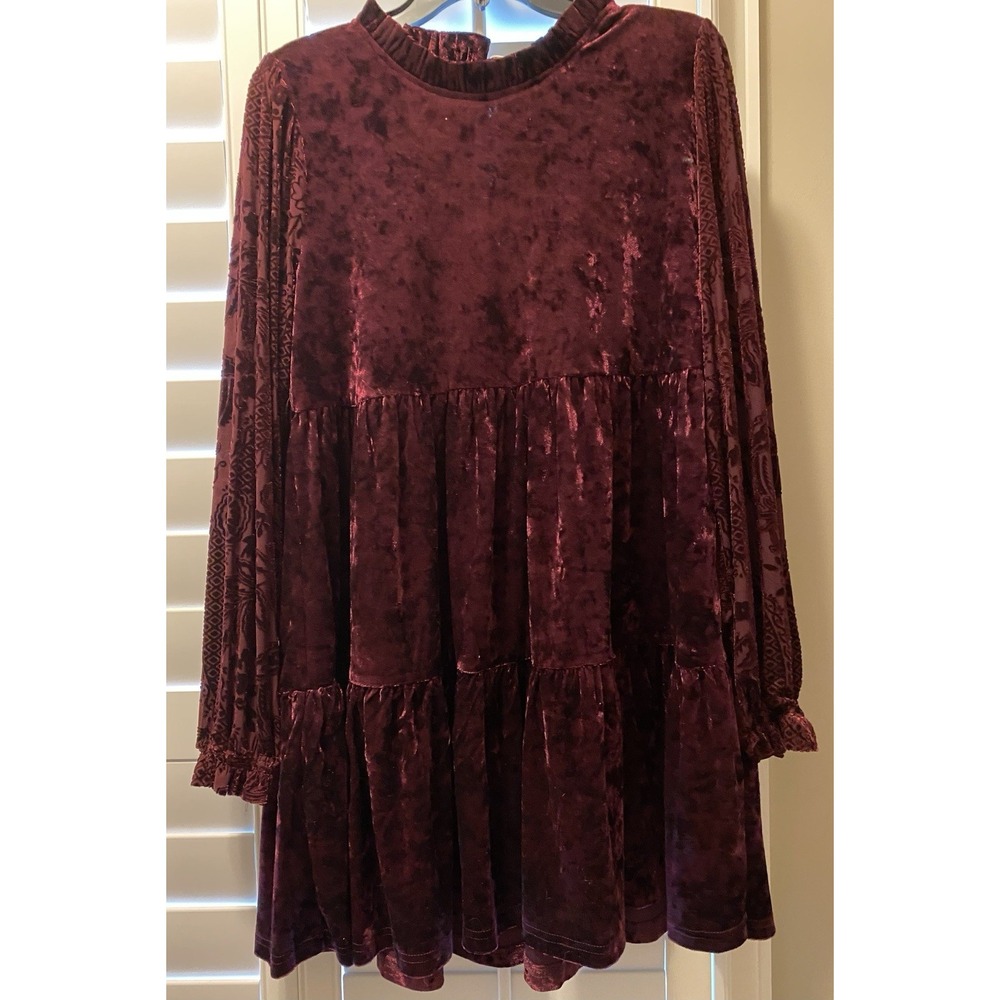 Jodifl Women's Burgundy Chiffon Long Sleeve Tiered Dress Size Small
